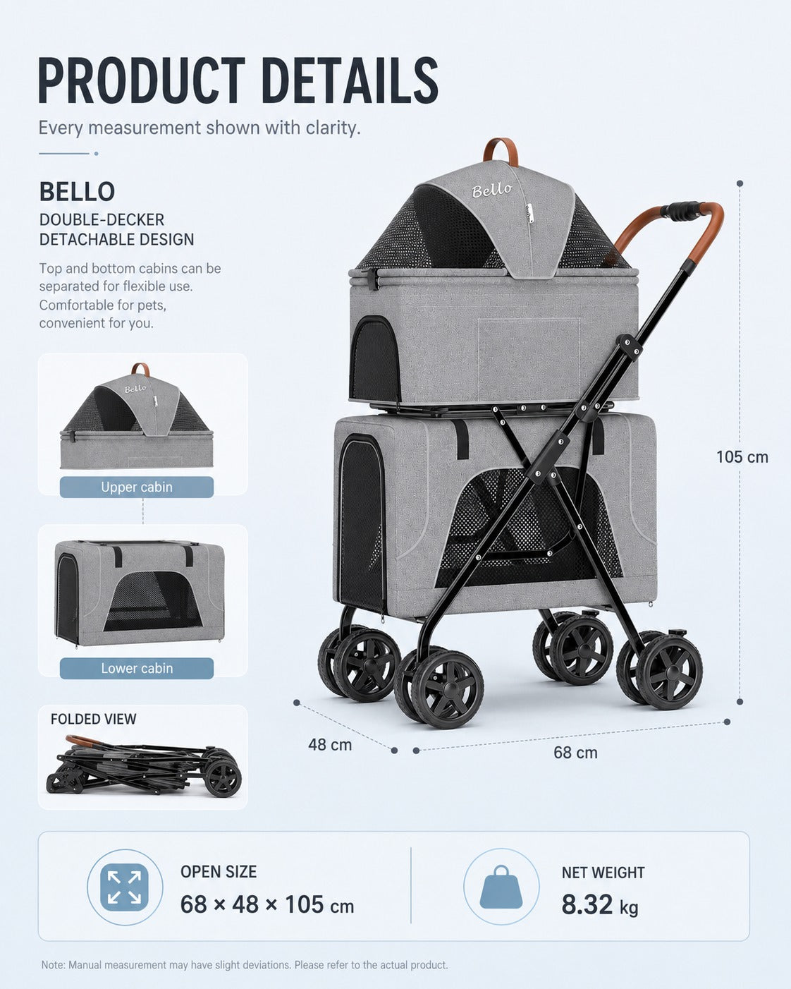Double-Decker Pet Stroller for Two Small Pets