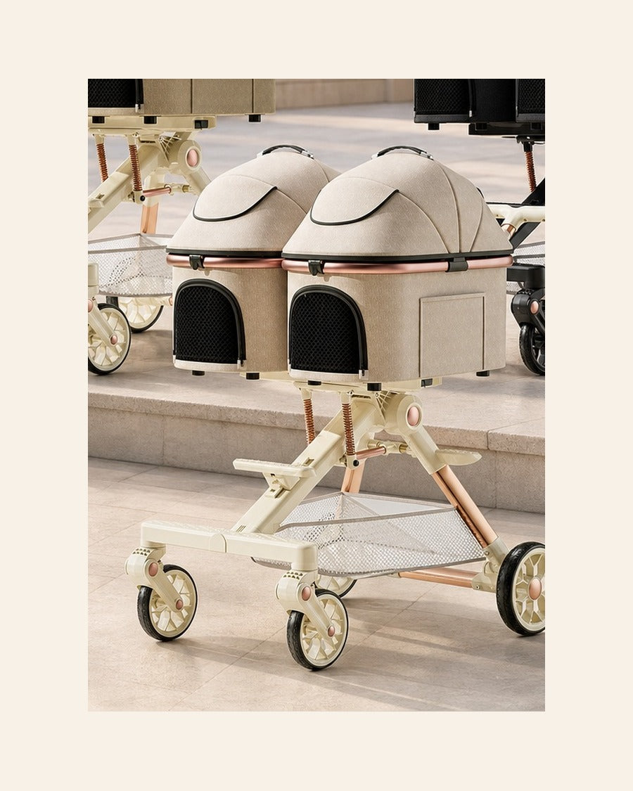 Premium Suspension Twin Cabin Pet Stroller in Beige.