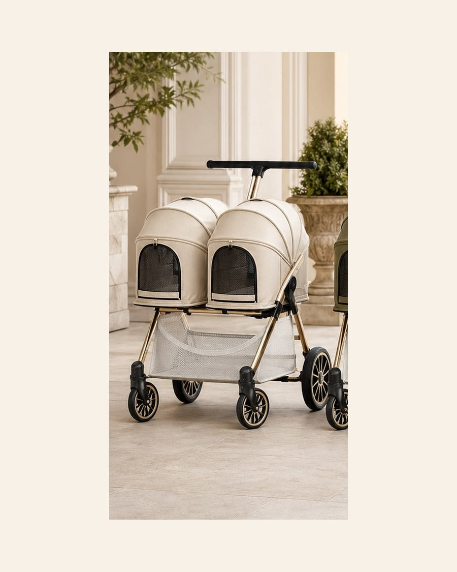 Side-by-Side Twin Cabin Pet Stroller in Beige.