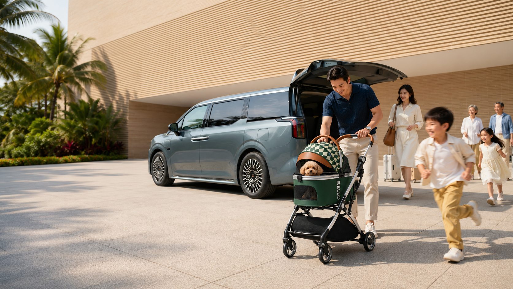 A dog riding in a BELLO VELO pet stroller during an outdoor outing.
