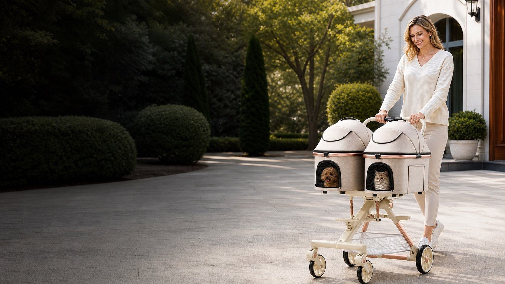 A woman walking the new BELLO VELO Premium Suspension Twin Cabin Pet Stroller at a sunlit estate entrance.