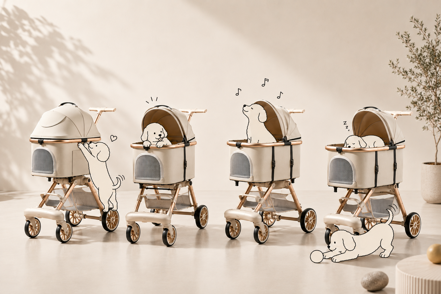 Four views of the BELLO VELO Twin Cabin pet stroller showing closed, interactive, riding, and resting moments with illustrated dogs.