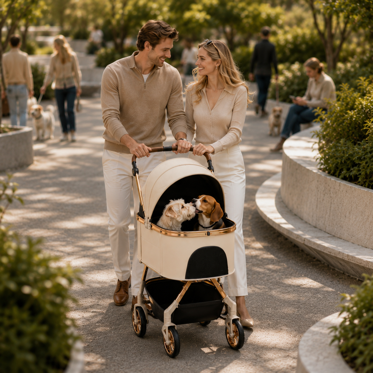 Two people sharing an outdoor routine with dogs and a BELLO VELO pet stroller