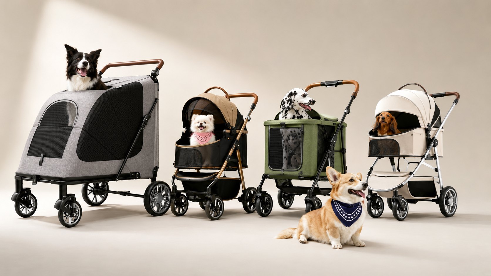 BELLO VELO pet strollers arranged with dogs for a full model comparison.